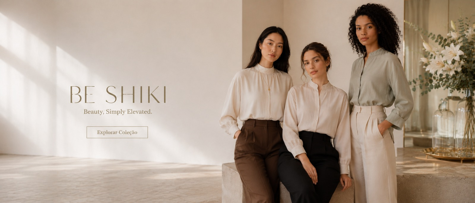 Three women in Be Shiki tailoring — cream and sage blouses in a warm minimalist setting