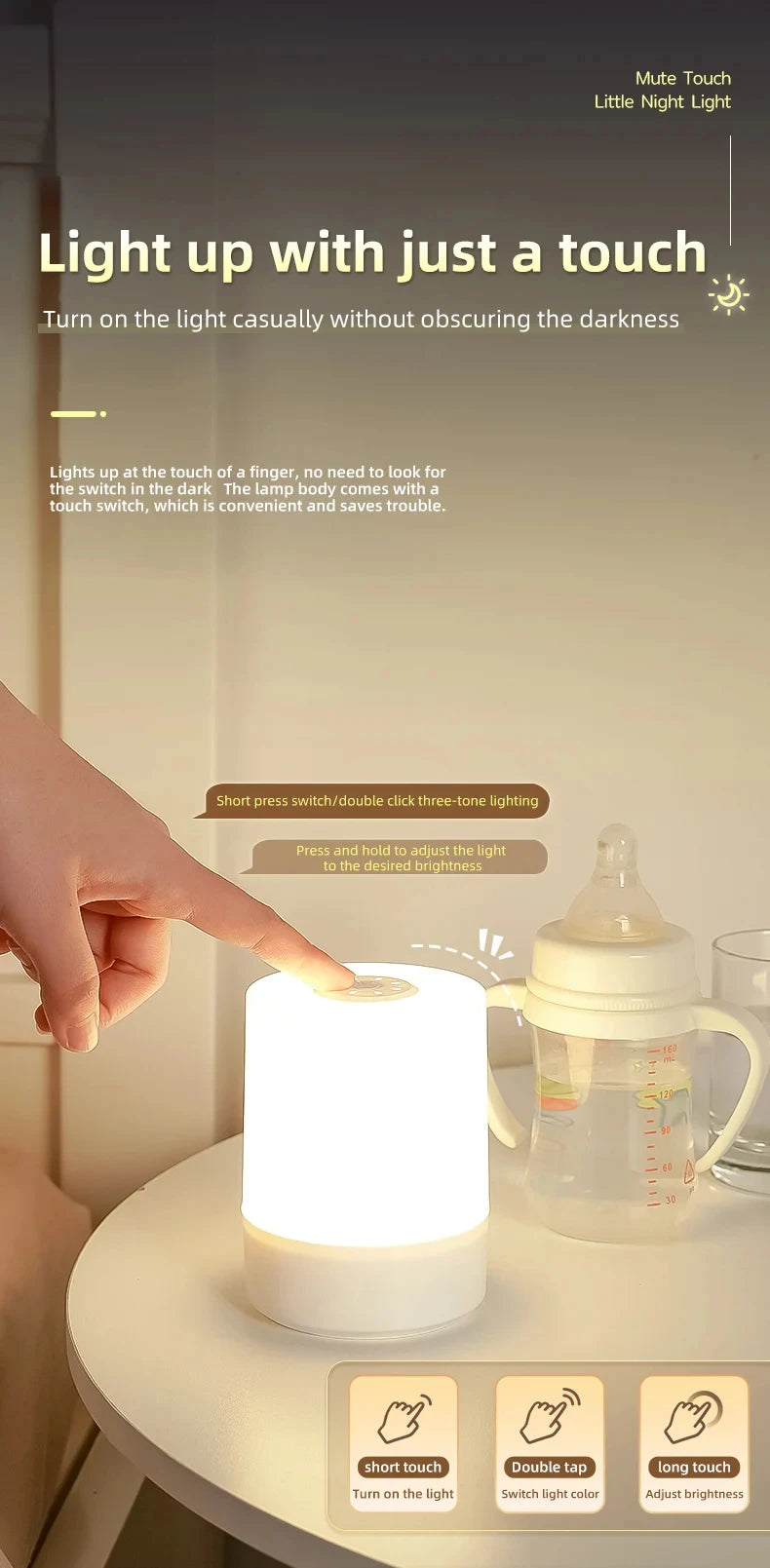Touch Night Light Bedroom Table Lamp 3 Modes Dimming Rechargeable Night Lamp Ambient Light Soft Light Bedside Lamp For Kids Gift