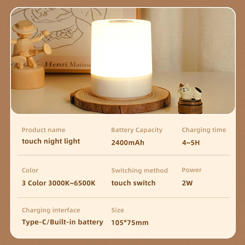 Touch Night Light Bedroom Table Lamp 3 Modes Dimming Rechargeable Night Lamp Ambient Light Soft Light Bedside Lamp For Kids Gift