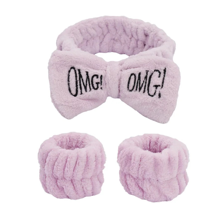 3pcs/set Cute Soft Coral Fleece Wrist Washband Bow Headband For Women Girl Wash Face Bath Absorb Water Hairband Hair Accessories