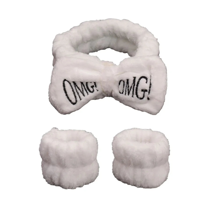 3pcs/set Cute Soft Coral Fleece Wrist Washband Bow Headband For Women Girl Wash Face Bath Absorb Water Hairband Hair Accessories