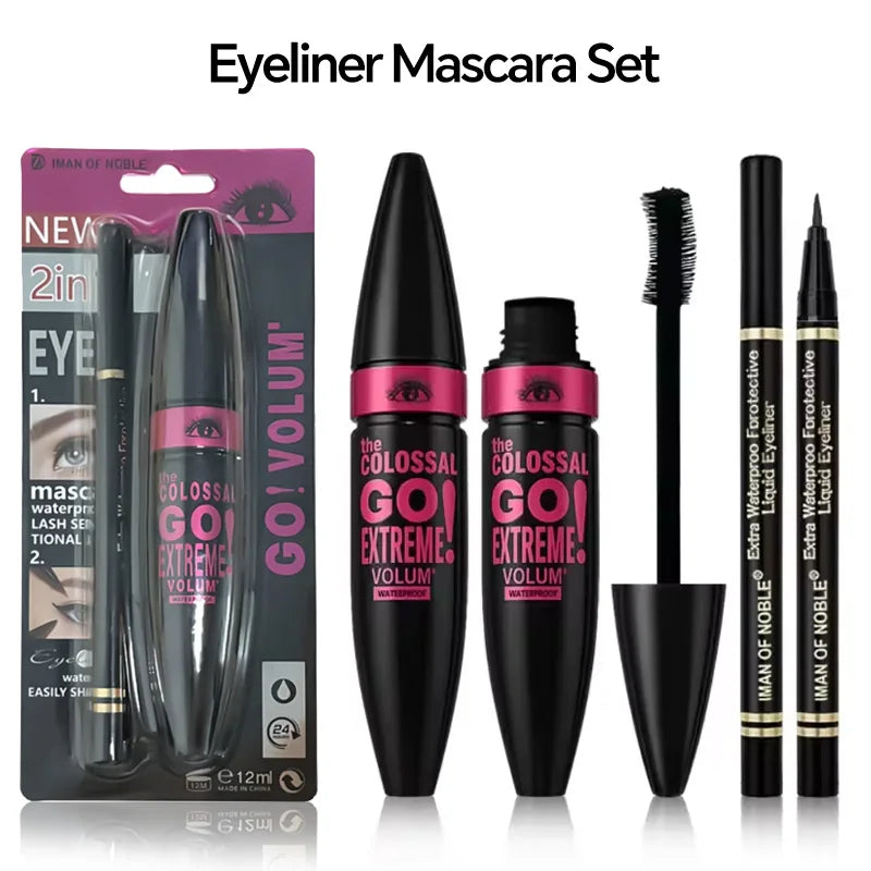 Mascara with Eyeliner Combo Black Slim Drawing Line Smooth Definition Long Lasting Waterproof Eye Makeup 2 Pcs Set