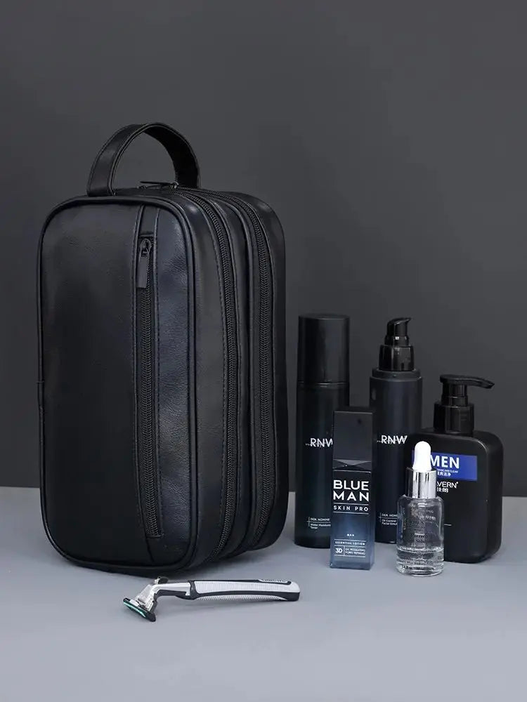 2025 Portable Double-layer Toiletry Bag for Men and Women Sports Business Travel PU Leather Casual Handbag Waterproof Makeup Bag