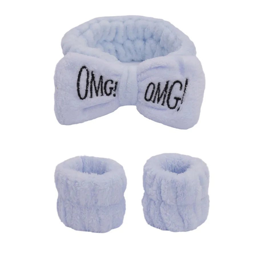 3pcs/set Cute Soft Coral Fleece Wrist Washband Bow Headband For Women Girl Wash Face Bath Absorb Water Hairband Hair Accessories